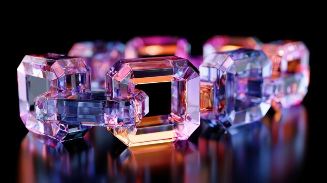 Close-up view of interconnected transparent colorful glass link shapes forming a continuous chain on a reflective surface with black background