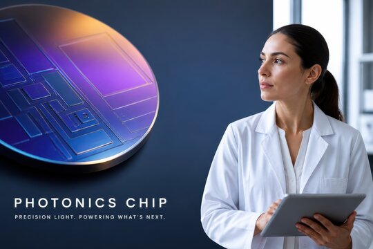 Hopeful photonics chip concept with scientist and futuristic light technology