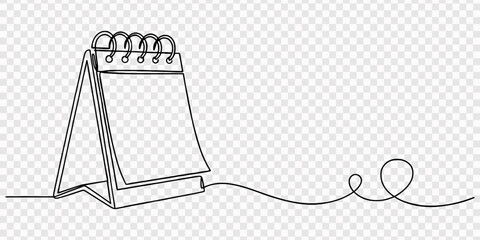 Continuous one line drawing of a blank desk calendar, continuous one line drawing of spiral desk calendar, minimalist office stationery outline illustration, scheduling and time management concept for © Line pro