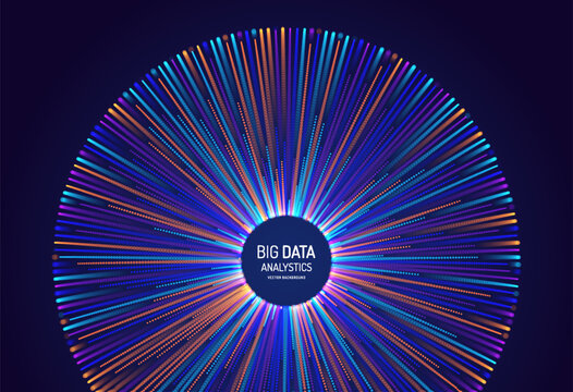 Neon beams radiate from the center. Multicolored energy bands. Circular pattern with radial lines. 3D illustration for a brochure, poster, presentation, flyer, or banner.