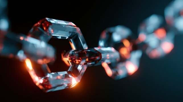 Close-up of transparent futuristic digital chain links glowing with orange light on dark background representing connection and technology concept