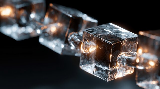 Close-up of transparent ice cube chain with water droplets reflecting light on dark background showcasing cold and clear frozen texture in high detail and focus