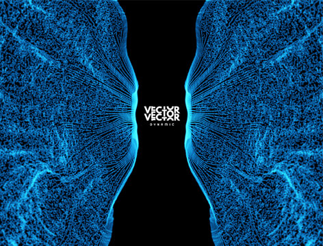 Two symmetrical objects made of dynamic particles. Energy flows of blue lines on a black background. Scientific illustration. Abstract background. Grid. Vector for a brochure, poster, presentation.