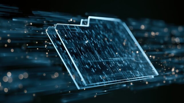 Futuristic digital folder with glowing blue lines and rain-like data streams representing advanced technology and high-speed information transfer concept in dark background