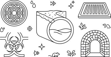 Sewer Drainage Pipe and Manhole Cover Vector Icon Set with Wastewater System Symbols