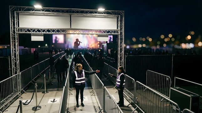 Security guards directing concert attendees at an outdoor festival entrance