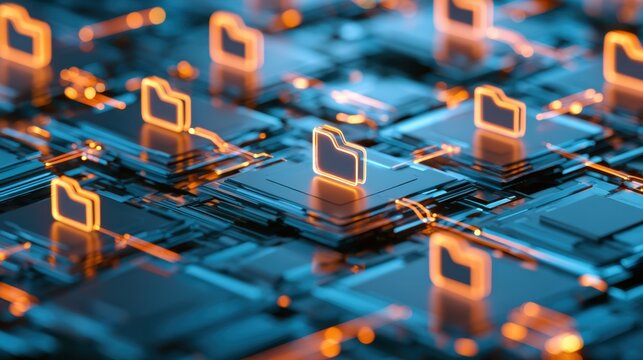 Close-up of glowing orange folder icon symbols representing file organization and data management on futuristic digital circuit board background