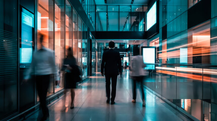 Fototapeta premium Business people walking in a modern office corridor with motion blur, professional environment, corporate lifestyle