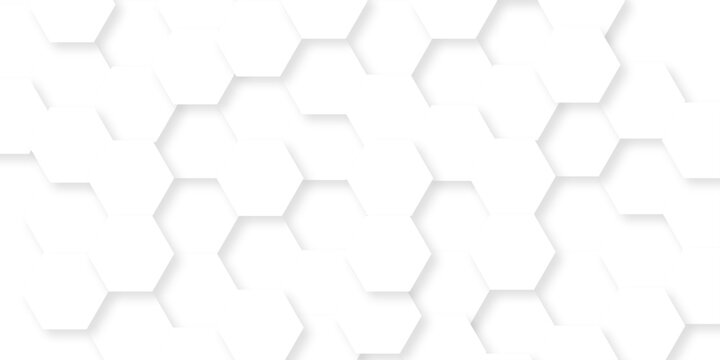 Abstract white hexagon grid presentation surface mosaic tiles. minimal tech bee website science element grid overlay. white hexagon futuristic technology geometric texture background.