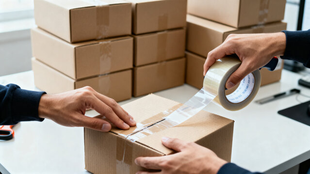 Close-up of hands sealing cardboard parcels with tape at a packing station, multiple boxes ready for shipment, small business shipping process, realistic commercial process