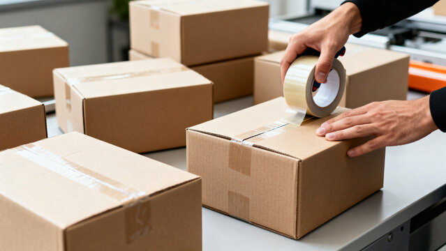 Close-up of hands sealing cardboard parcels with tape at a packing station, multiple boxes ready for shipment, small business shipping process, realistic commercial process
