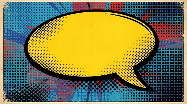 Yellow speech bubble on halftone retro background.