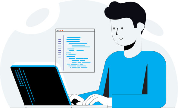 Minimalist IT specialist working at desk flat vector art