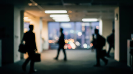 Fototapeta premium Silhouettes of business people walking in a modern office hallway at twilight