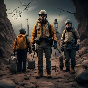 Miners with helmets and tools underground.