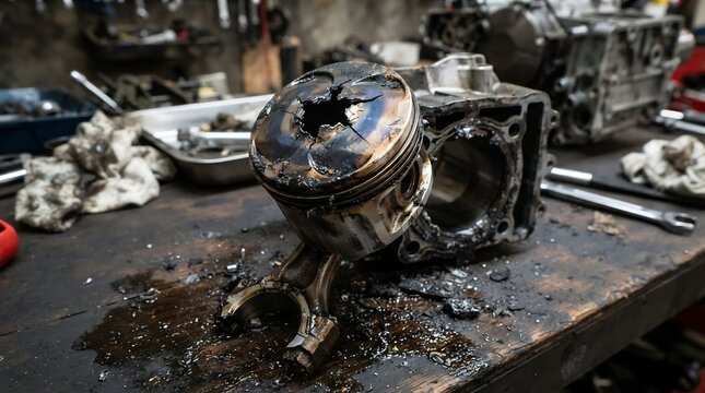 Severely damaged motorcycle engine piston
