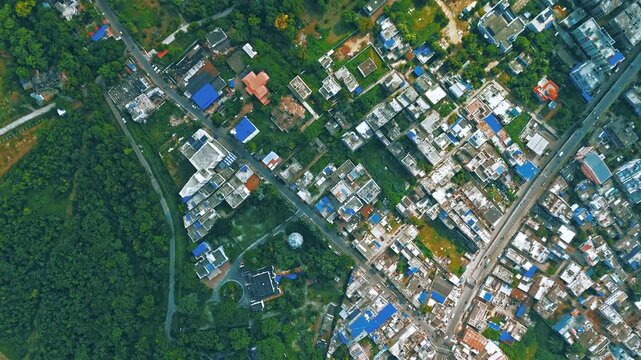 4K Aerial Top down Buildings and Apartment with Multiple Building aerial. Urban Buildings and Apartment at bridge road at Delhi. Cinematic cityscape drone shot. Noida Buildings.