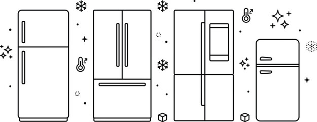 Refrigerator and kitchen fridge line art vector icon collection for home appliance store