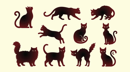 Set of brown cat silhouettes in various poses and breeds on beige background for design and decoration © Be Creative