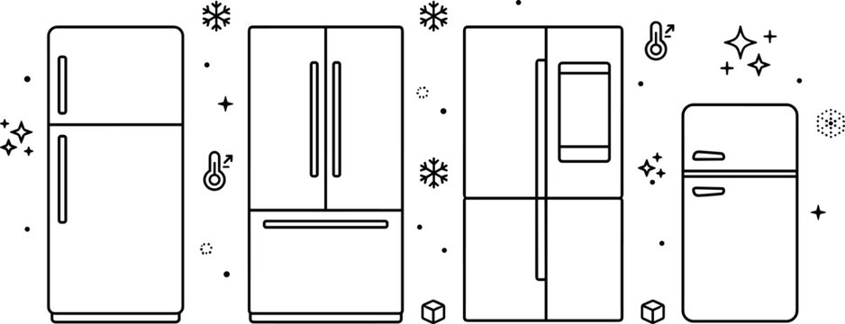 Refrigerator and kitchen fridge line art vector icon collection for home appliance store