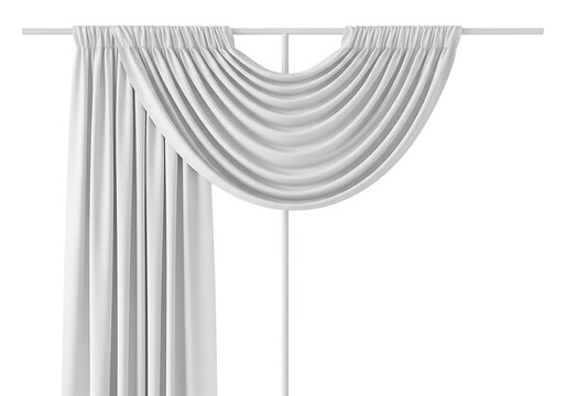 Elegant white fabric window curtains with draped decorative valance hanging on a minimalist metal rod isolated on a clean white background