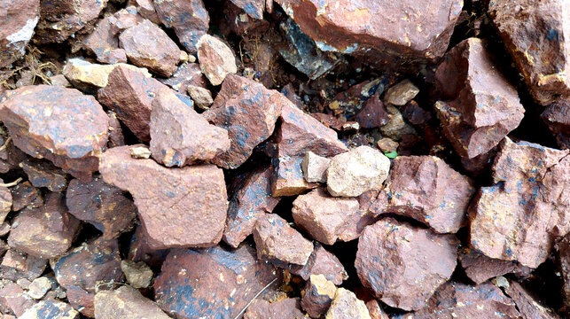 Close-up of natural crushed stones and gravel with a rugged rocky texture. Perfect for geology, construction, mining, landscaping, outdoor backgrounds, and texture design projects.