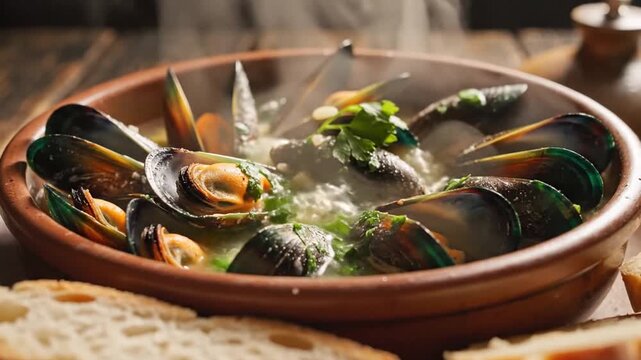 A steaming bowl of fresh mussels served with crusty bread slices