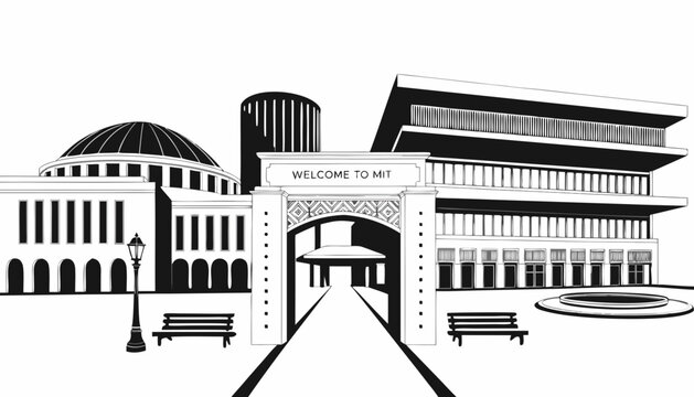 Very beautiful black and white realistic vector illustration of the MIT entrance featuring an engraved sign reading "WELCOME TO MIT", detailed campus architecture and linework, isolated on white backg