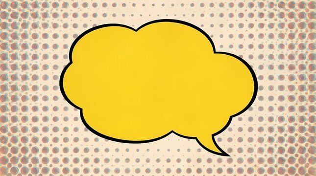 Yellow thought bubble over retro halftone dot background.