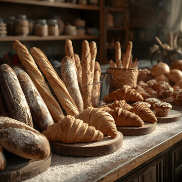 Freshly baked artisan bread assortment in rustic bakery display cases.