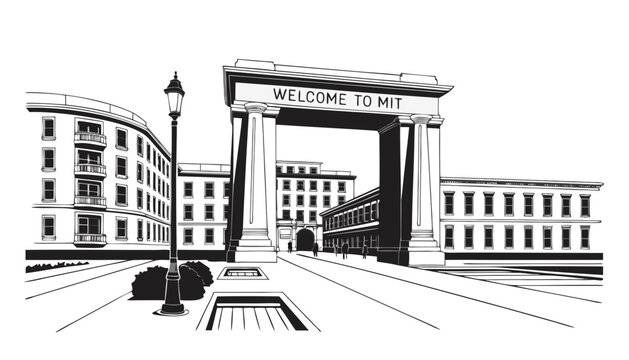 Very beautiful black and white realistic vector illustration of the MIT entrance featuring an engraved sign reading "WELCOME TO MIT", detailed campus architecture and linework, isolated on white backg