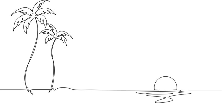 minimalist continuous line drawing of palm trees on a beach at sunset. Simple tropical landscape and summer travel concept line art vector illustration