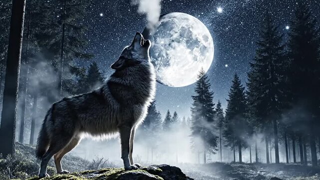 A lone wolf howls at a luminous full moon in a misty, star-filled forest at night.