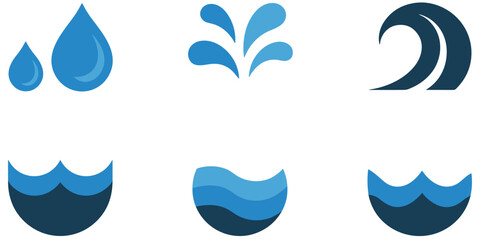 Naklejka premium Set of water drop, splash, and wave icons illustration for liquid or aqua concepts