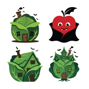 Cabbage patch haunted house and vampire apple character for halloween holiday festive graphic design and creative seasonal illustration projects