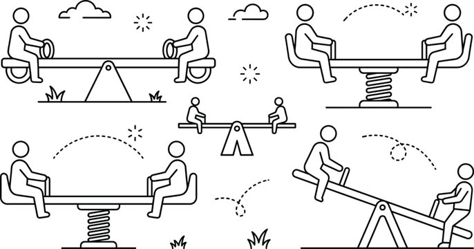 Children playing on seesaw teeter totter vector icon collection for playground outdoor activities