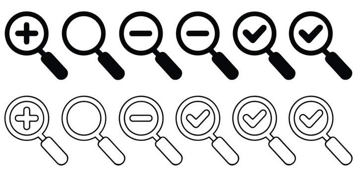 Magnifying glass icons set plus minus zoom checkmark symbols for zoom in and zoom out