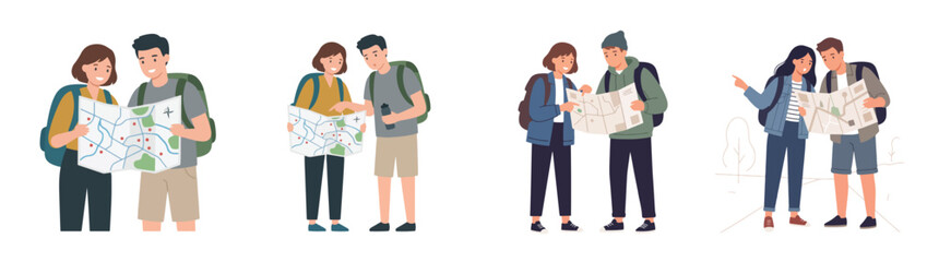 Fototapeta premium Couple of Hikers and Travelers Planning Journey Using Paper Map for Adventure Trip Navigation and Outdoor Exploration Illustration Set