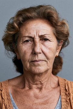headshot of an Old woman looking at the camera on gray background