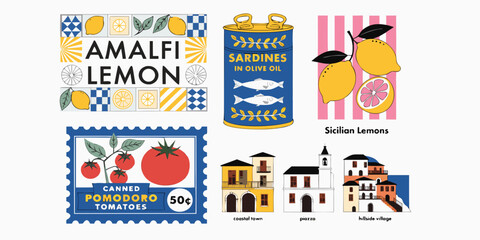 Naklejka premium Mediterranean Style Amalfi Lemons and Italian Sardines Poster Set