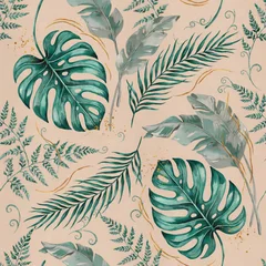 Seamless pattern featuring lush tropical monstera leaves, palm fronds, and fern foliage with gold accents on a light beige background © mdmanik