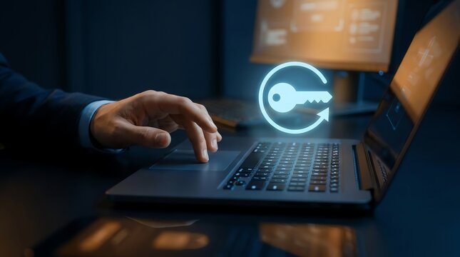 Secure digital data access and password reset concept with businessman hand on laptop trackpad and glowing key hologram for privacy