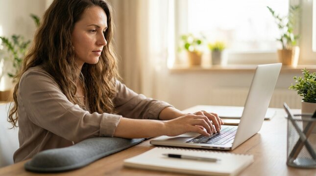 A woman types on a laptop at a home office table. Sunlight enters through a window. There are plants on the window sill