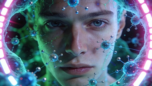 A person looks straight ahead while surrounded by bright circles and small floating particles that create a lively atmosphere