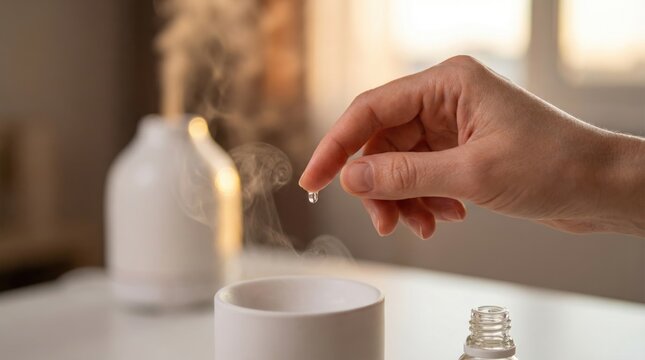 A hand reaches for a small drop of oil to add to a diffuser on a table. Steam rises from the diffuser in a well-lit space