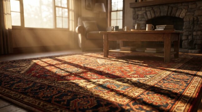 Sunlight fills the living room during the late afternoon. Shadows fall on a decorative rug while a table holds mugs and books