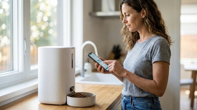 A woman stands in a kitchen checking her smartphone while using an automatic pet feeder. She looks focused on her device