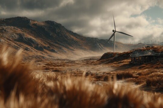A wind turbine is placed in a wide valley surrounded by hills and dry grass under a cloudy sky during daylight hours