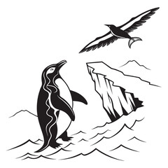 Penguin and seabird in arctic landscape graphic illustration with antarctic wildlife illustration © Ar