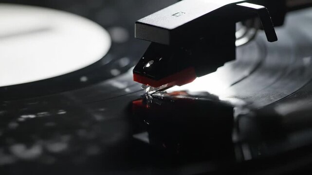 Extreme Macro Phonograph Needle Touching Vinyl Record Grooves with Dust Particles